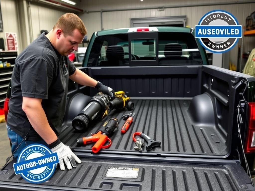 Author testing Ford F-150 cargo liner durability with heavy equipment