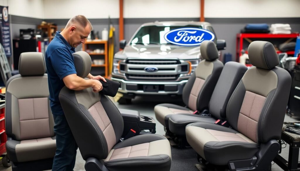 Author testing Ford F-150 seat covers in a testing facility