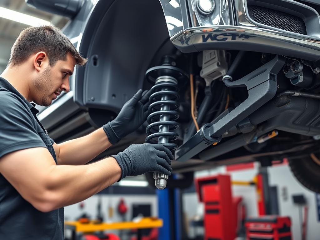 Author testing a Ford F-150 lift kit installation in workshop
