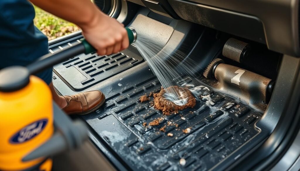 Cleaning Ford Ranger floor mats with hose showing proper maintenance