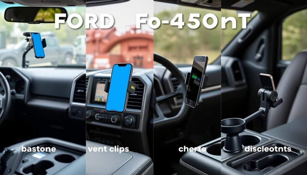 Different types of Ford F-150 phone mounts showing dashboard, vent, and cup holder options