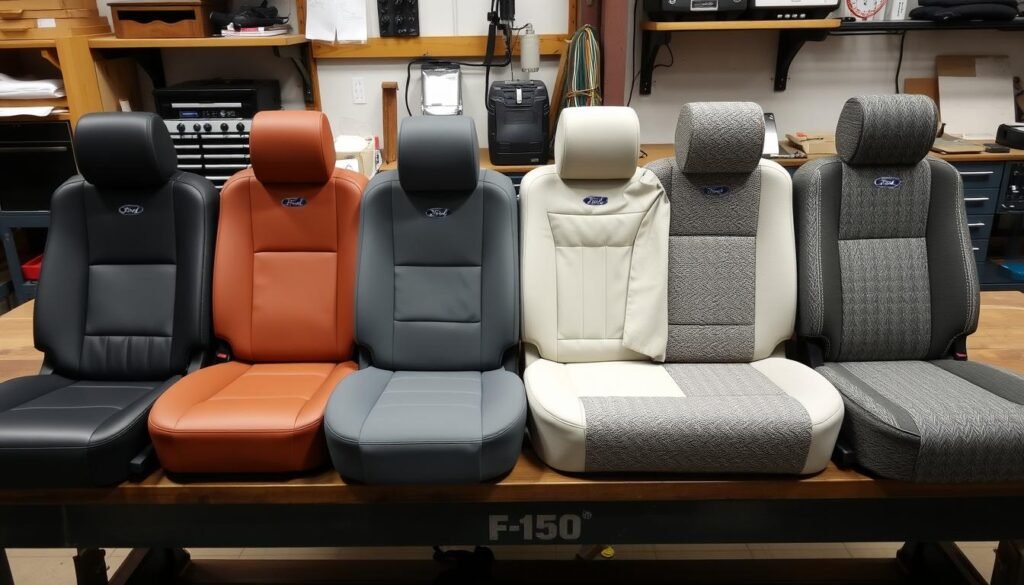 Different types of Ford F-150 seat cover materials displayed side by side