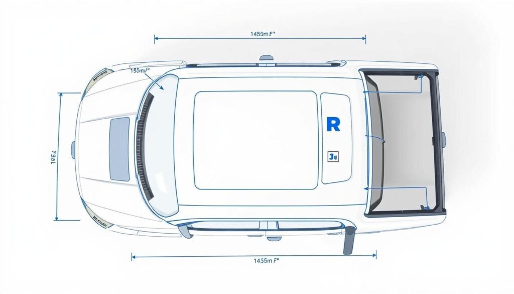 Ford F-150 roof rack compatibility diagram showing mounting points and measurements