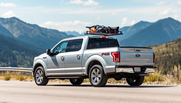 Ford F-150 with Front Runner Slimline II roof rack installed on a mountain road