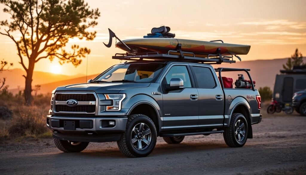 Ford F-150 with Front Runner Slimline II roof rack loaded with outdoor gear on a camping trip