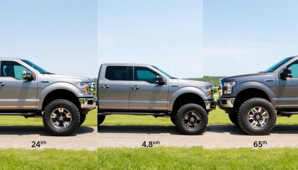 Ford F-150 with various lift kit heights comparison