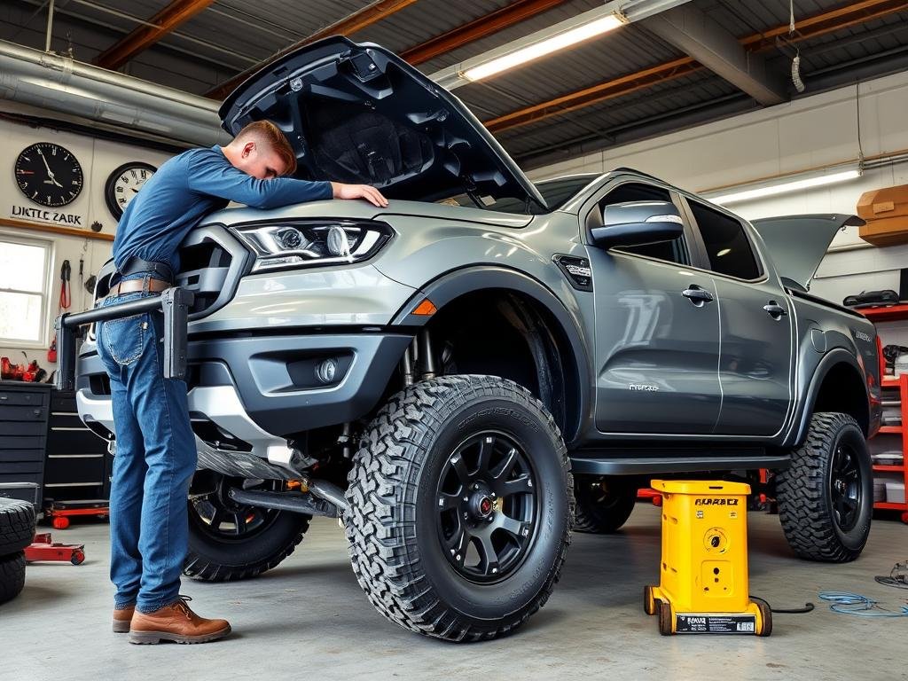 Ford Ranger lift kit being installed in our workshop