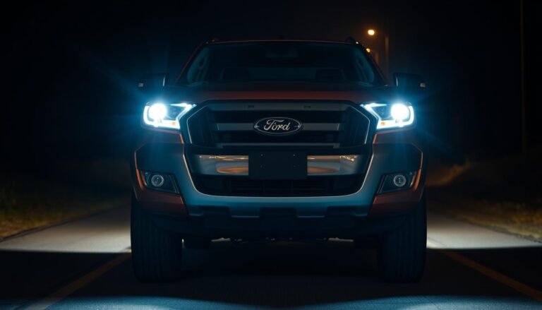 Ford Ranger with LED headlights illuminating a dark road