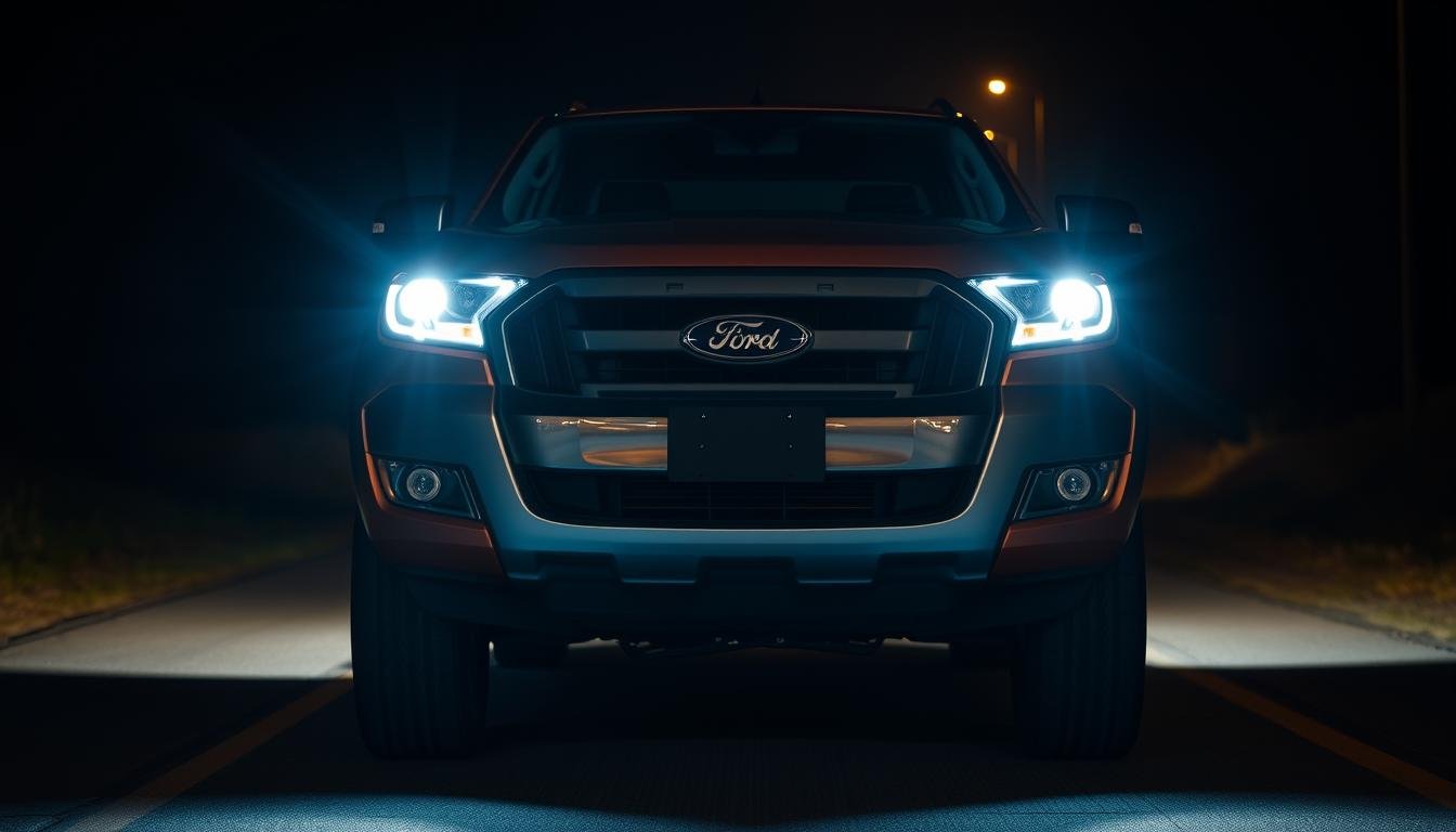 Ford Ranger with LED headlights illuminating a dark road