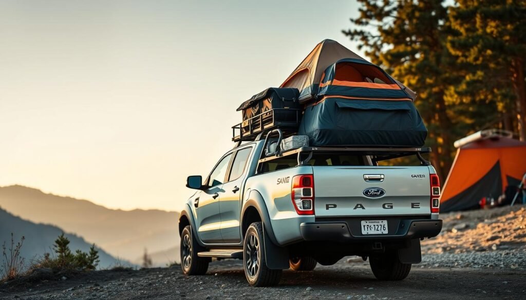 Ford Ranger with roof rack carrying camping gear in outdoor setting