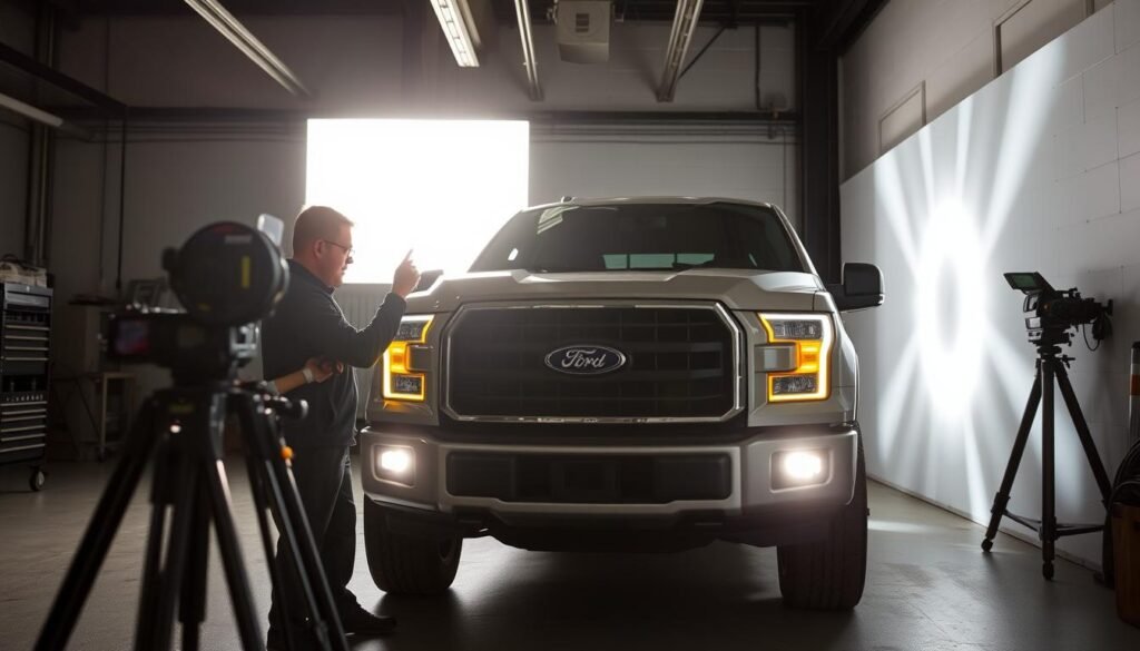 Our team testing Ford F-150 LED headlights in a controlled environment