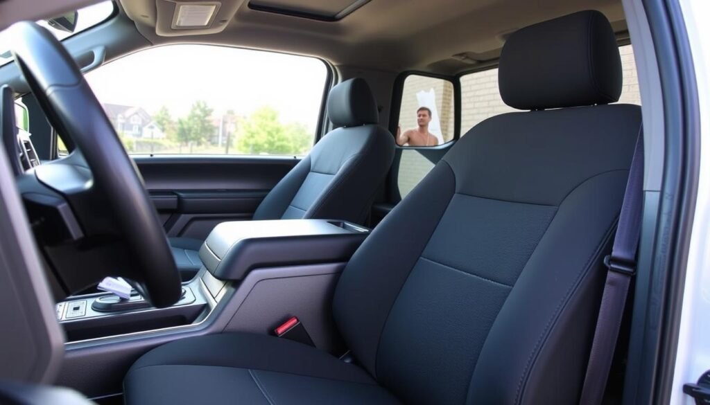 Rough Country Neoprene Ford F-150 seat covers installed in a truck