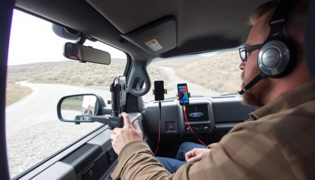 Testing Ford F-150 phone mounts on rough terrain with vibration measuring equipment